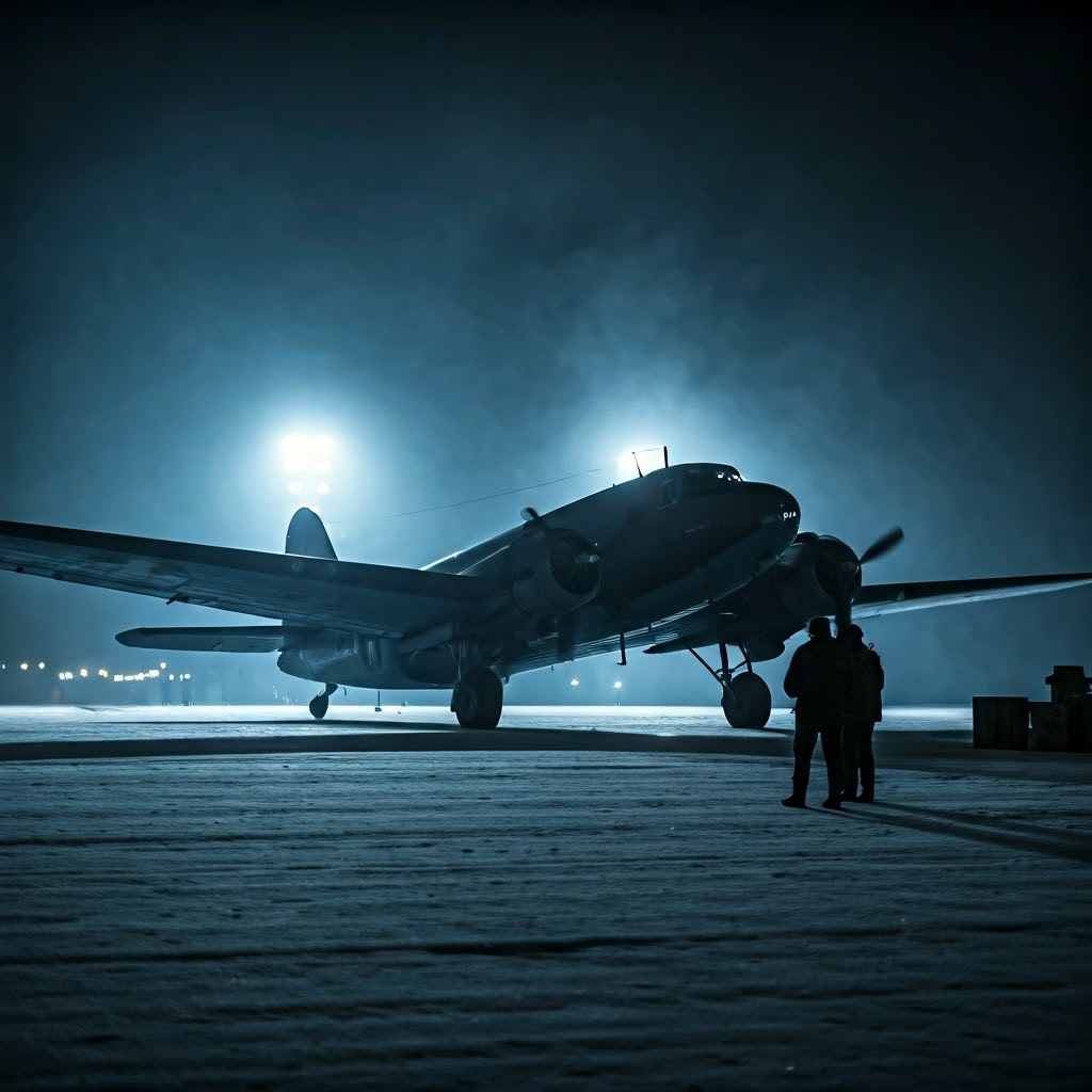 Night runway scene with silhouetted cargo planes, harsh lights, and exhausted crews.