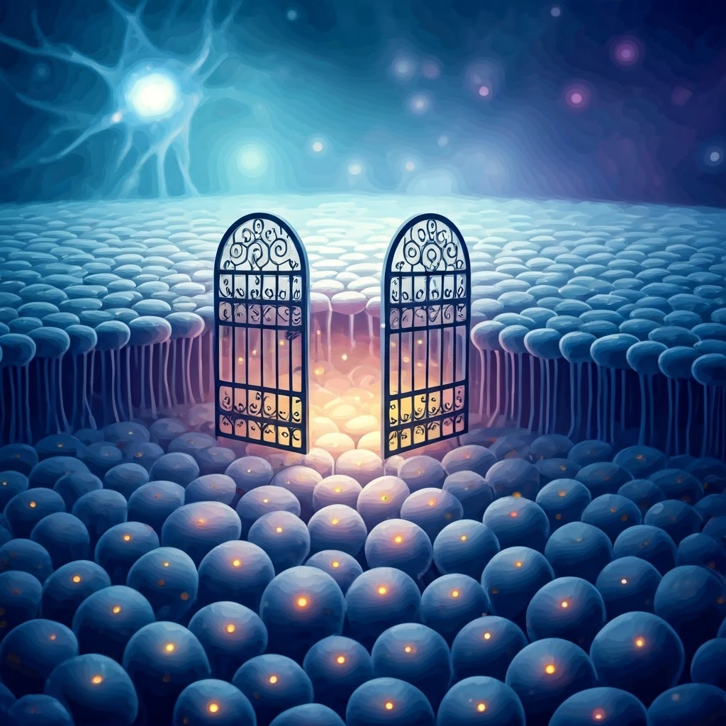 Watercolor cross-section of neuron membrane showing ion channels as gates and ions moving through.