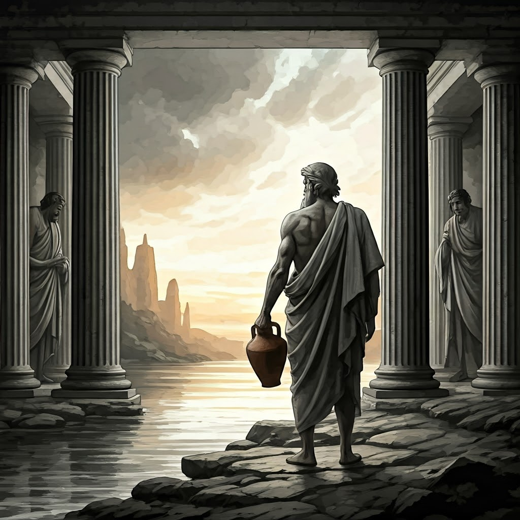 Early philosopher by a dawn river contemplates nature as students watch.