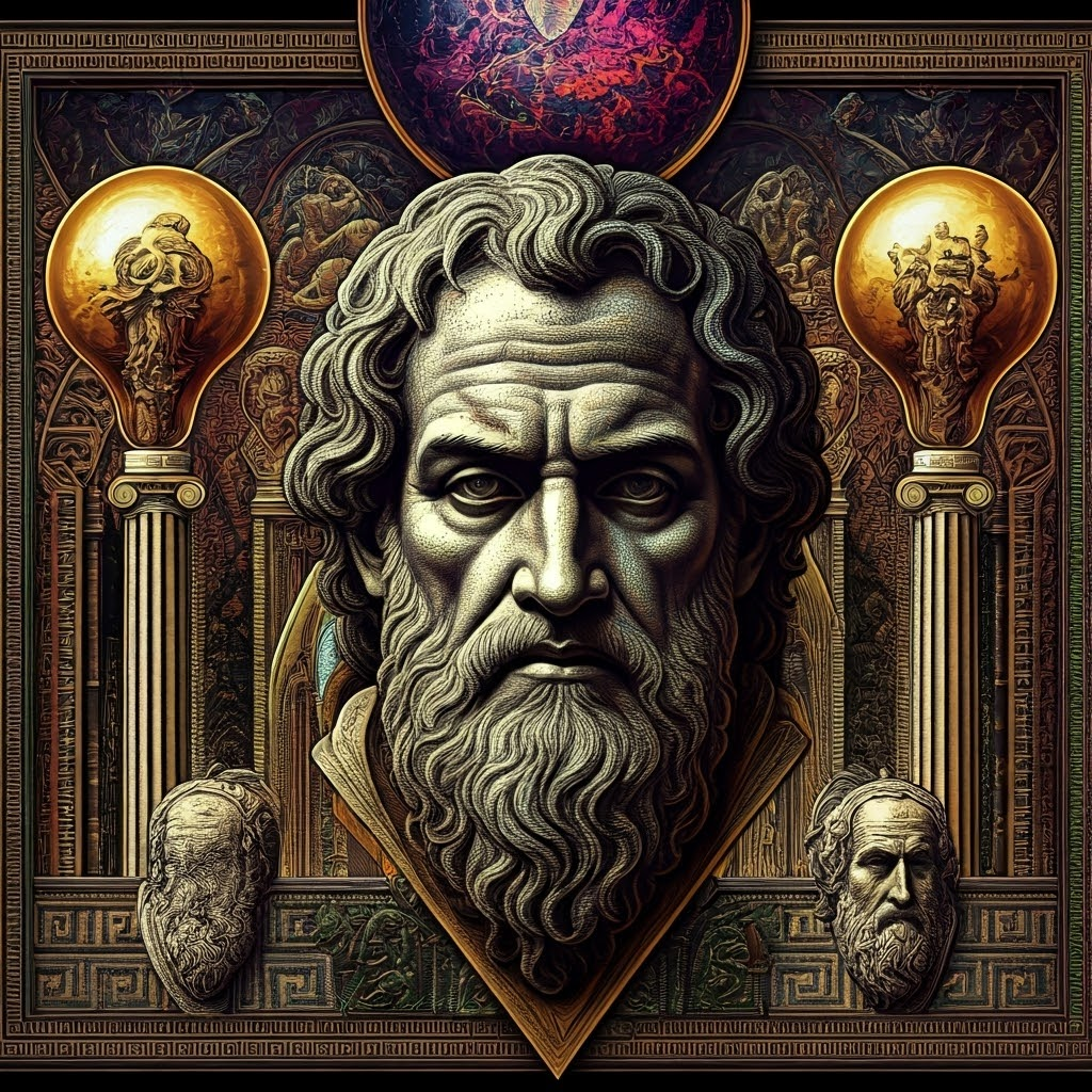 Digital collage merging classical Greek motifs with sharp neon shapes.