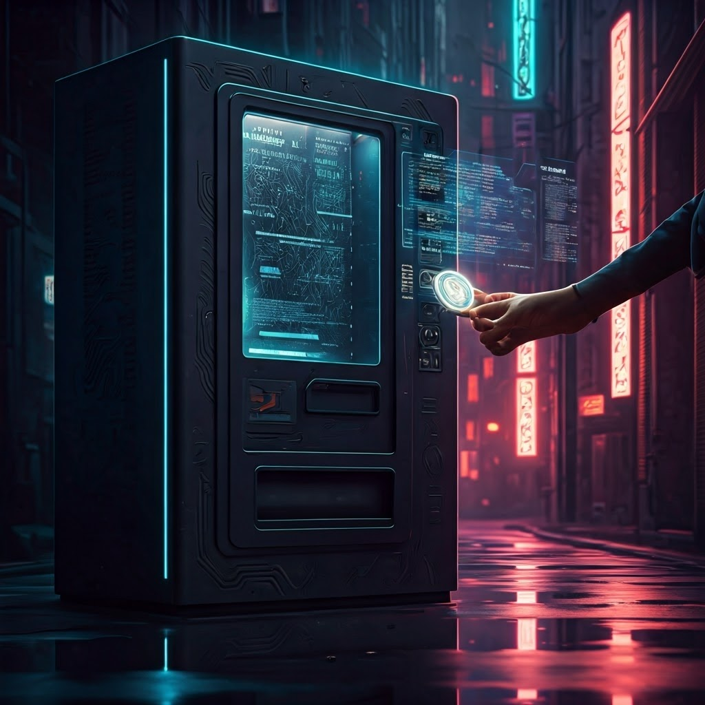 Futuristic cyberpunk scene with a sleek, metallic vending machine in a neon-lit alley. A diverse person’s hand is inserting a glowing digital coin into the machine while holographic UI overlays display lines of code and contract terms. Reflective wet pavement beneath the machine mirrors vibrant neon signs, and faint circuitry patterns glow on the machine’s surface. Moody, cinematic lighting with deep purples and blues, digital matte painting, glitch art influences.