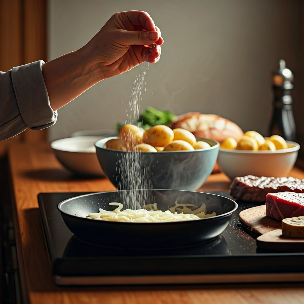 Cook sprinkling sugar on onions in a hot skillet while other browning ingredients sit nearby