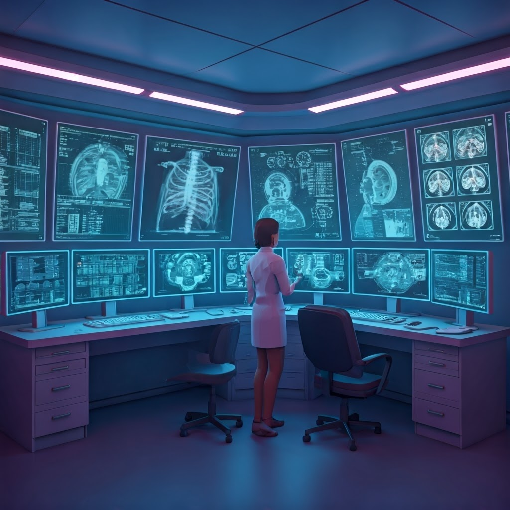 Minimalist control room with gesture-driven screens showing scans and heat maps.