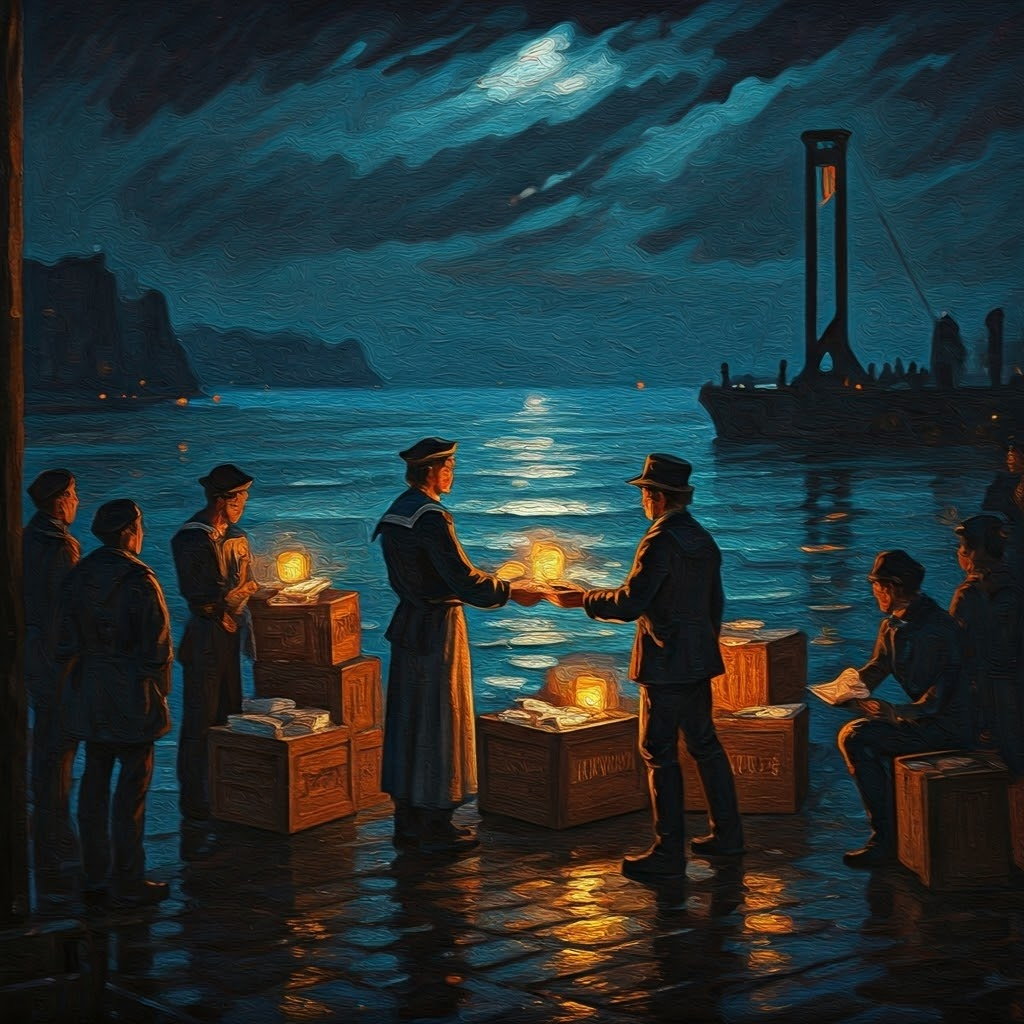 Nighttime harbor where sailors pass banned pamphlets labeled “Liberté,” lanterns glowing over crates and restless waves, hinting at revolution.