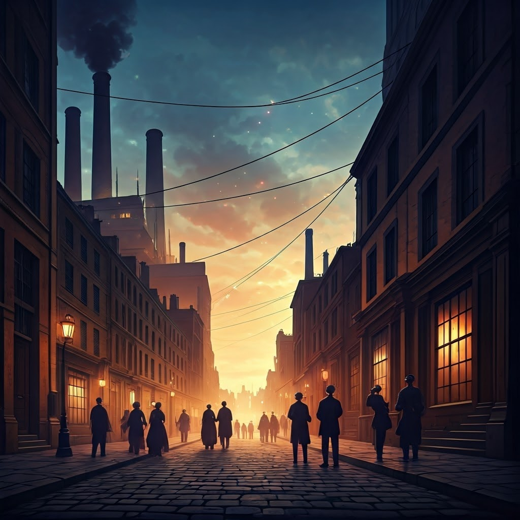 Victorian street shifting from smoky factories to glowing electric wires at twilight, hinting at new energy forms
