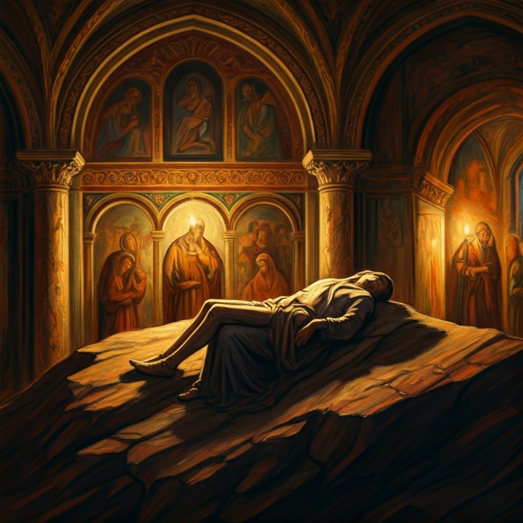 Interior of a medieval Italian chapel bathed in candlelight, showing a grieving mother holding her son while onlookers lean in with sorrowful faces