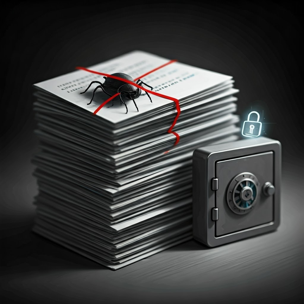 Hyper-detailed graphite pencil sketch showing a stack of smart contract code pages with a large bug crossing through them. A programmer frowns in the background, holding a magnifying glass over a missing semicolon. Nearby, a secure, locked safe glows with a tiny padlock icon. Dramatic chiaroscuro contrasts emphasize the tension between security and vulnerability, realistic proportions, and dynamic hand-drawn lines.