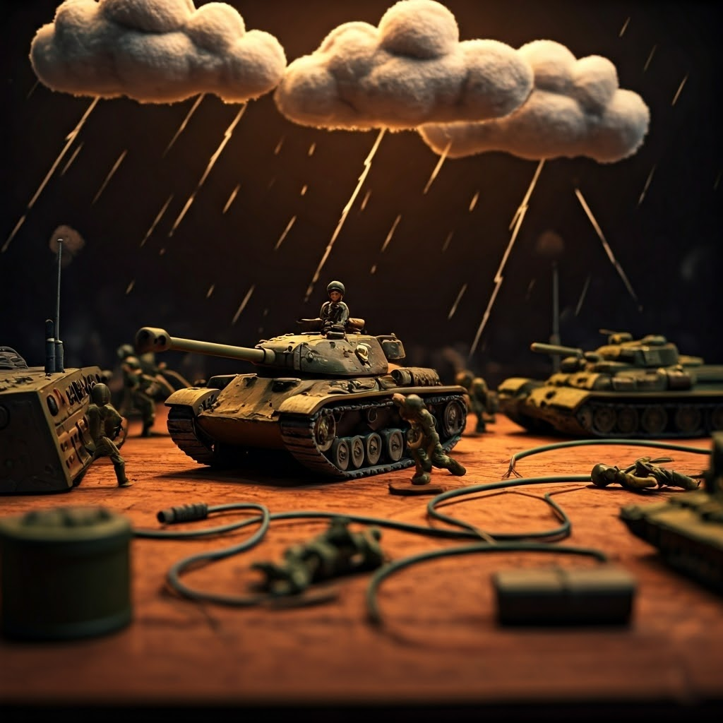 Toppled toy tanks and tangled radios on a tabletop diorama highlight the fragility of perfect-timing strategies.