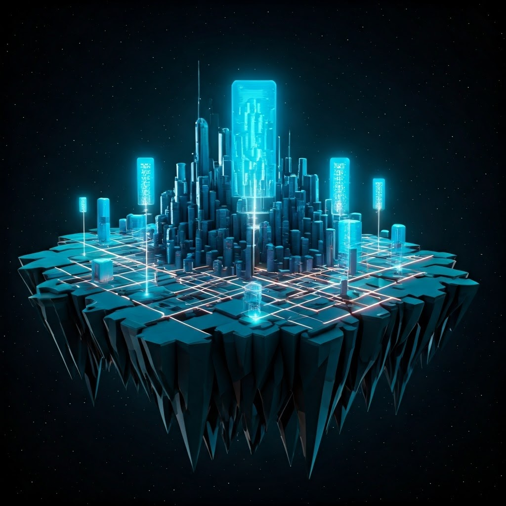 Floating city map dotted with neon cache nodes linked by glowing beams