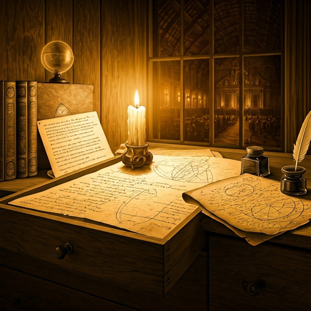 Open drawer revealing Newton’s coded diagrams beside a window that hints at distant Royal Society gatherings.