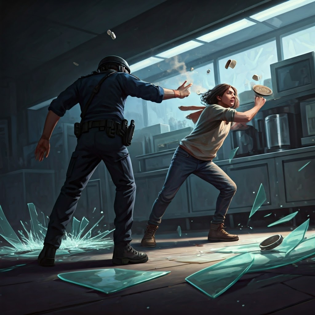 High-detail artwork of a trans woman hurling coffee at an officer, illustrating the spark that ignited Compton’s riot.