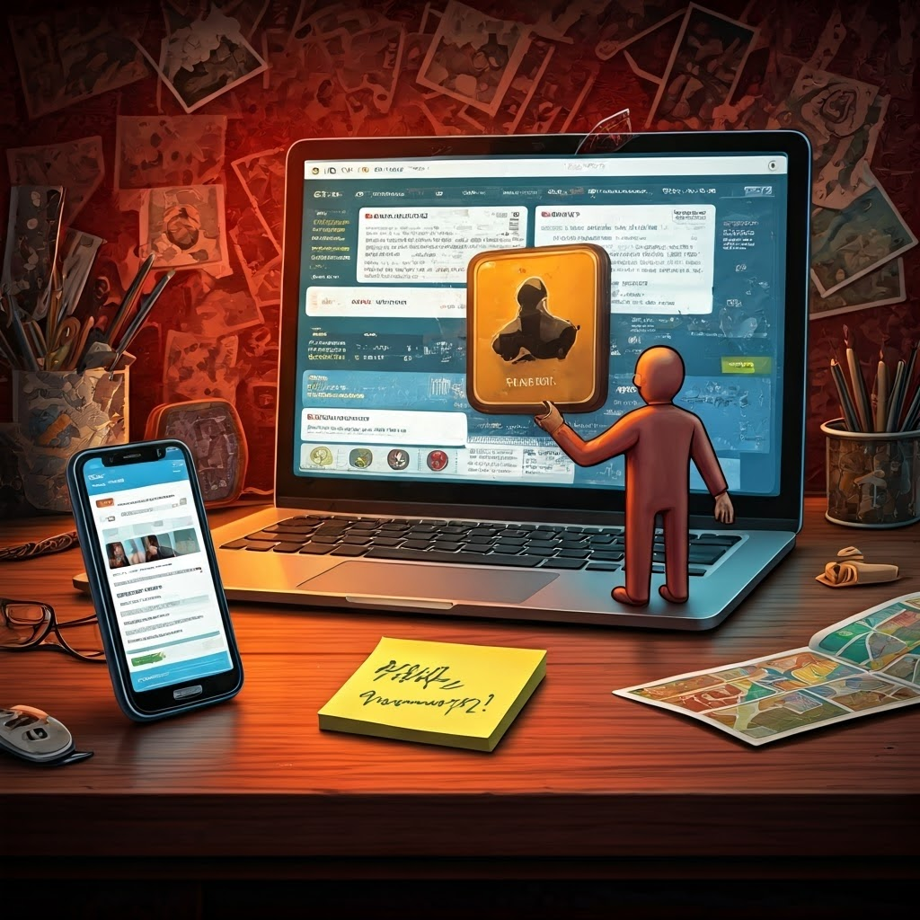 Chaotic desk with weak passwords, permission pop-ups, and risky apps illustrating everyday privacy hazards.