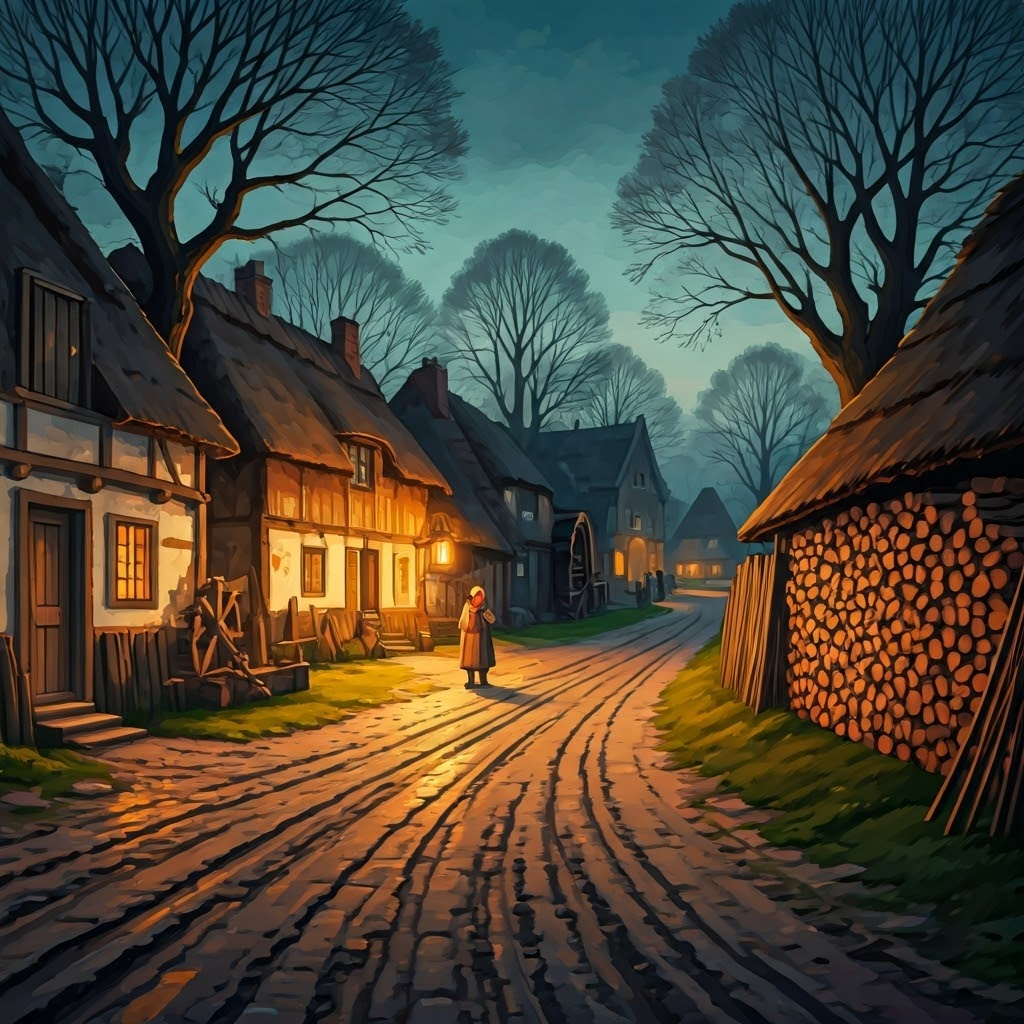 Quiet dusk scene of an 18th-century village lit by candles and wood fires