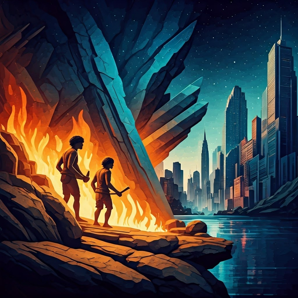 Abstract collage blending early tools, flames, and modern city skyline into starry cosmos.