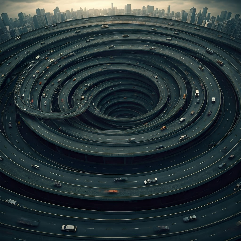 Labyrinth of tangled highways with tiny people at the edges, conveying congestion and overwhelm.