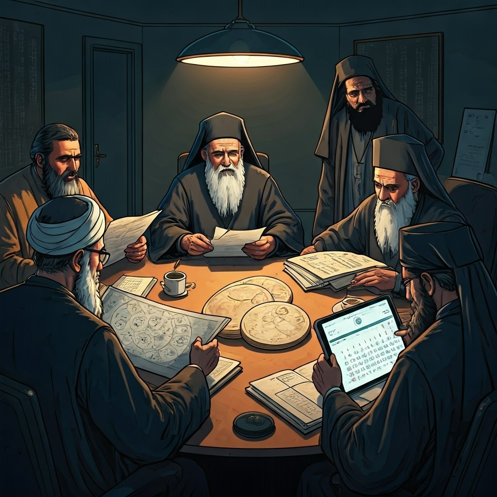 Religious leaders sit around a round table, comparing moon charts and a digital calendar on a tablet.