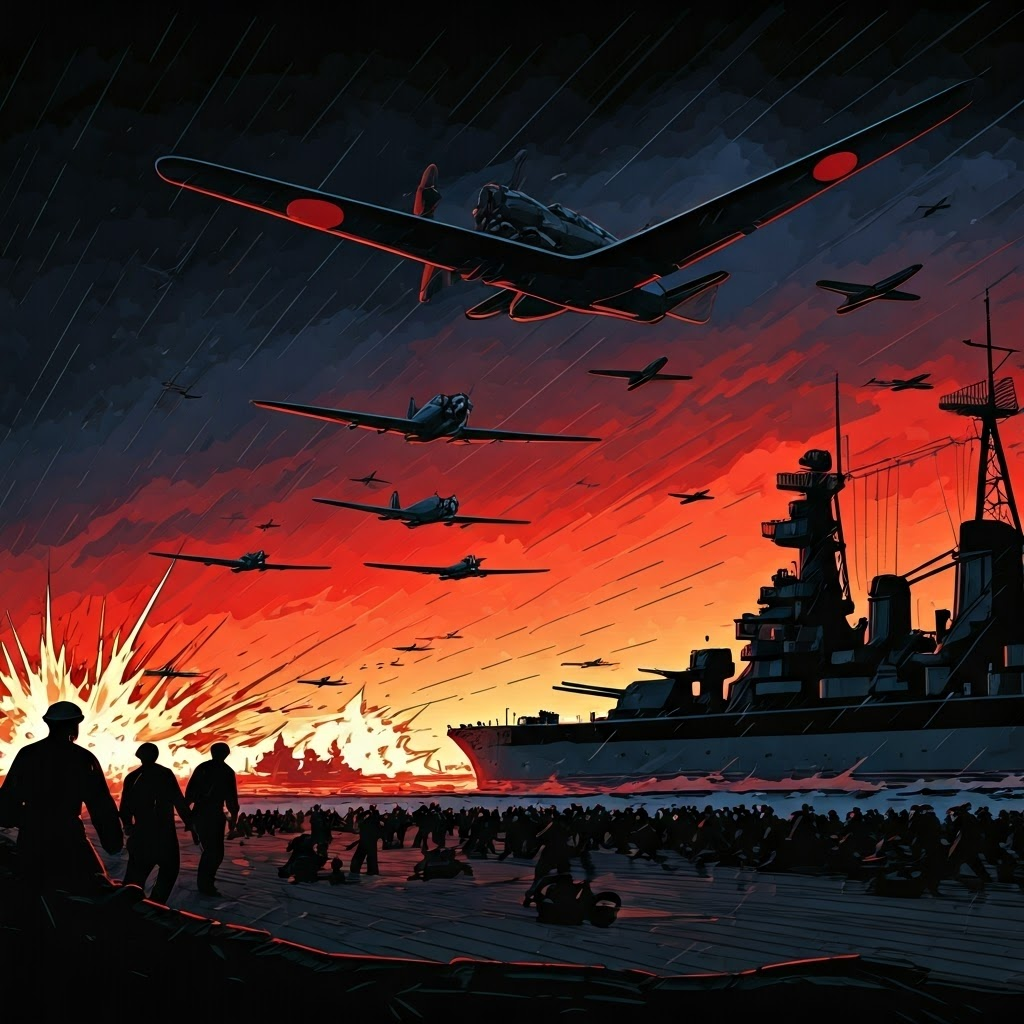 Noir-style panel of dive bombers, explosions, and silhouetted sailors during the Pearl Harbor assault.