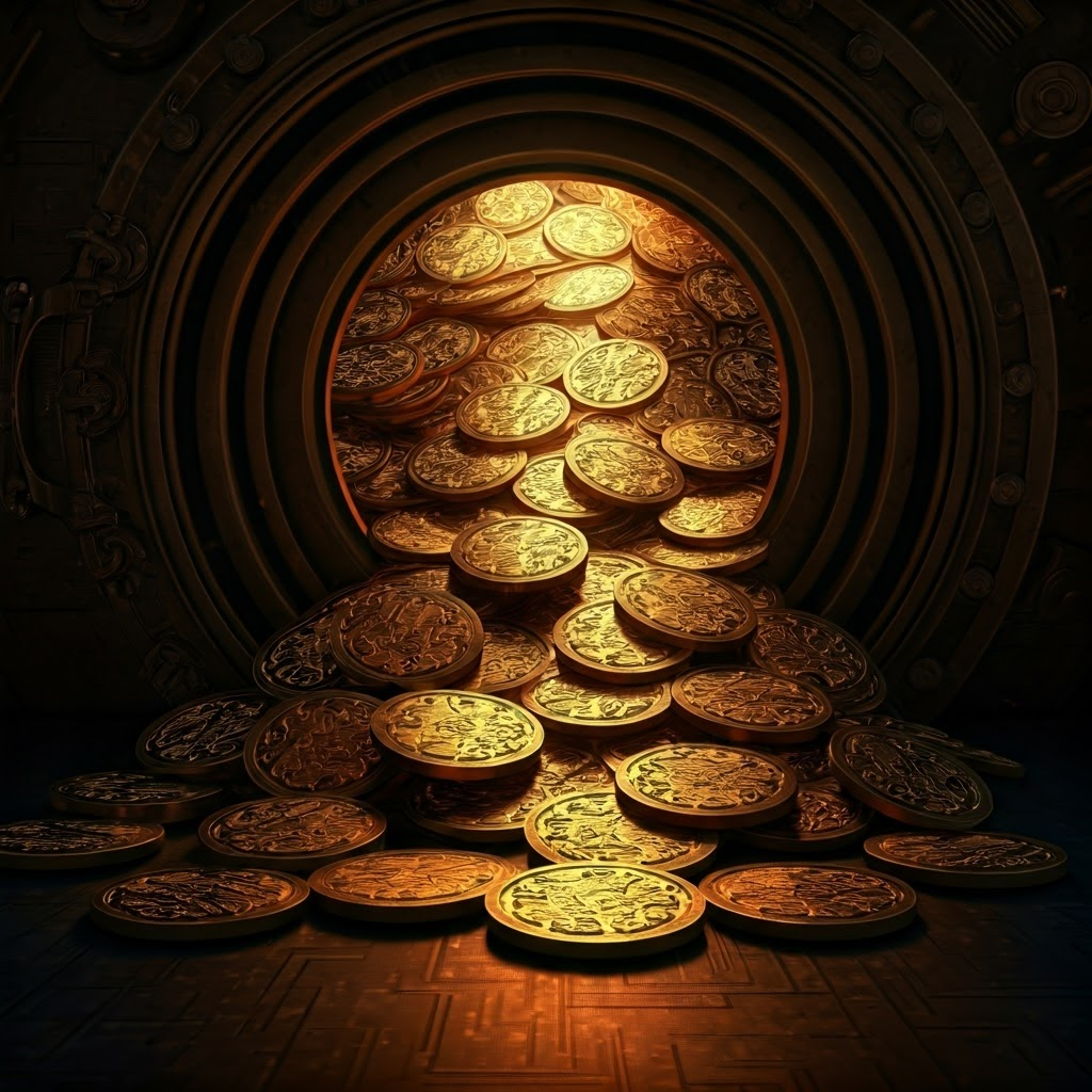 Golden tokens spilling from a futuristic vault, connected by glowing lines.
