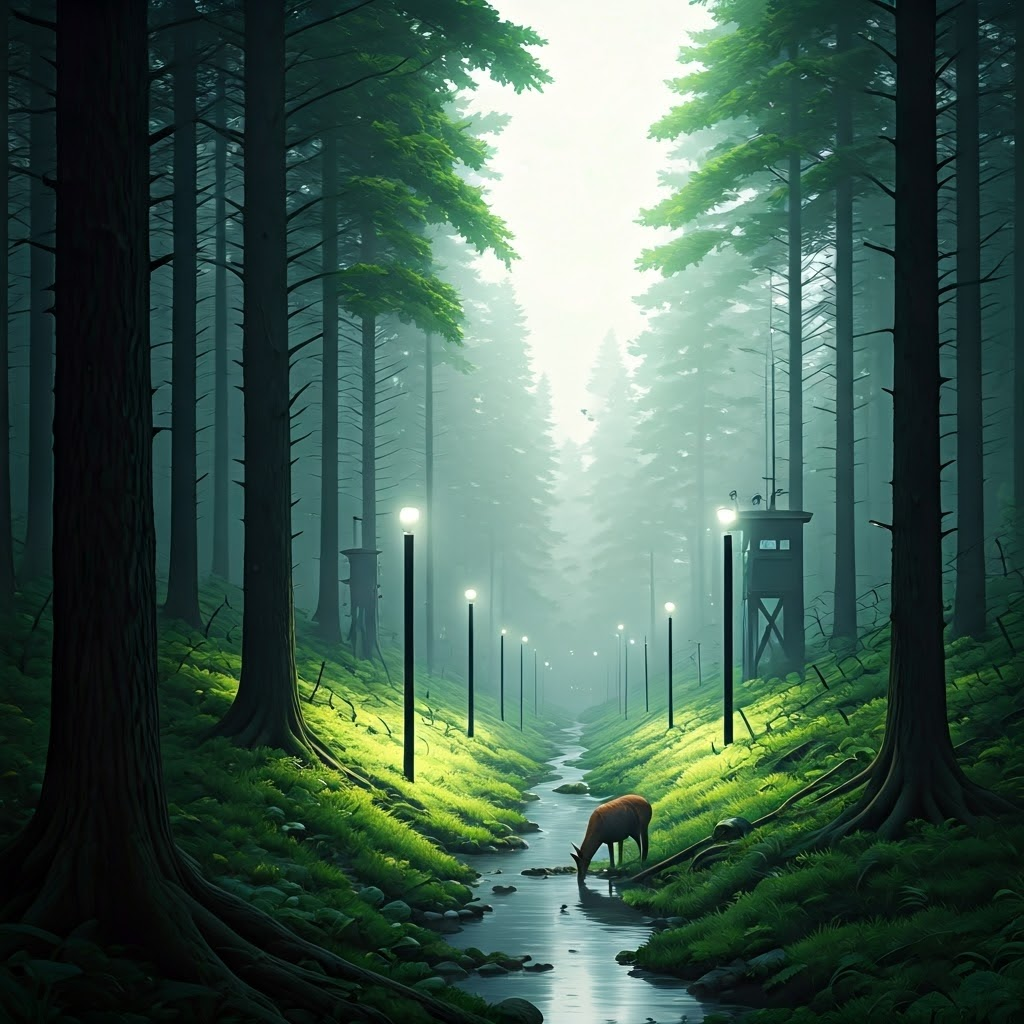 A lush, untouched forest springing up between barbed-wire fences and guard towers under a pale sky, a deer drinking from a small stream. The silence and greenery contrast with distant searchlights scanning the treeline. Style: poetic surrealist digital painting with soft focus.