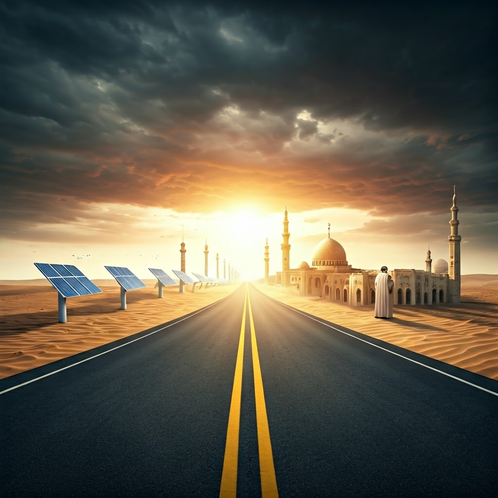 Two diverging desert roads—one leading to modern schools, the other to austere mosques—show Islam’s paths of reform and fundamentalism.