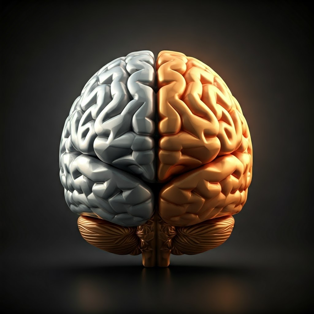 Angular low-poly brain half metallic, half warm gold, spotlighting structured thinking and refined ideas.