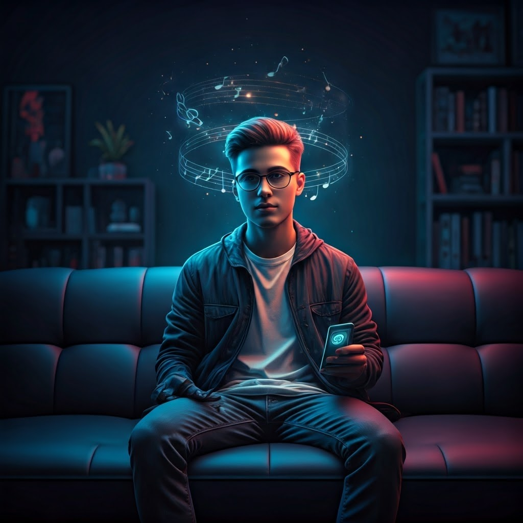 A young person in a neon-lit living room surrounded by holographic music notes, showing how AI shapes everyday life