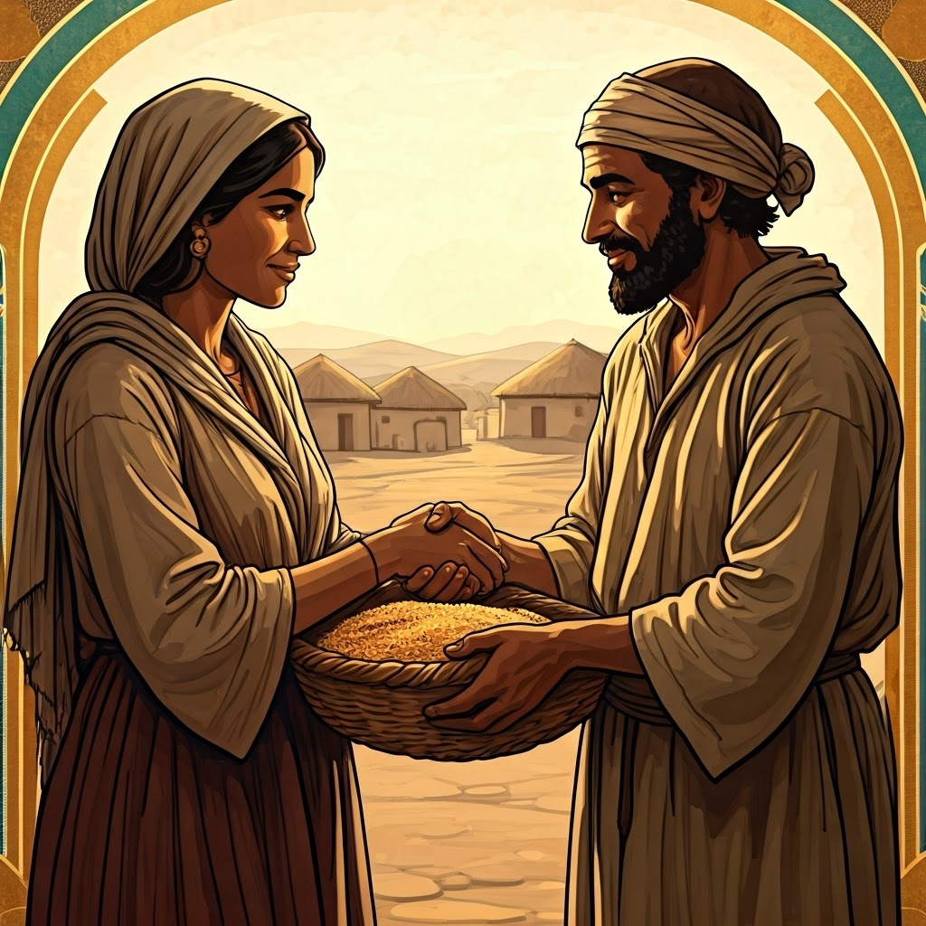 Two ancient neighbors trade grain outside mud-brick homes, showing trust in early agreements.