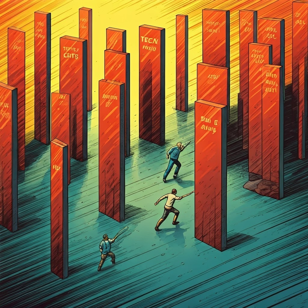 Graphic novel style obstacle course labeled with challenges shows hurdles to climate action.