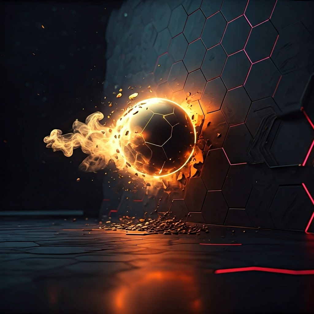 Golden energy sphere meets a semi-transparent wall, some light seeping through hexagonal gaps.