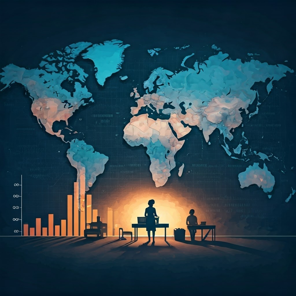 Map highlights Kenya and India with charts showing women earn half of men on gig platforms.