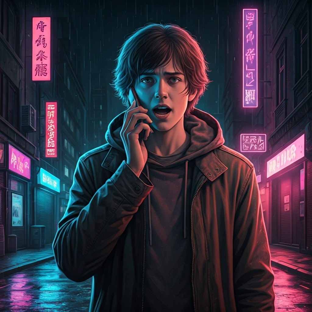 Young person dictating into a smartphone under neon lights on a rainy cyberpunk street, showing focus on modern voice tech