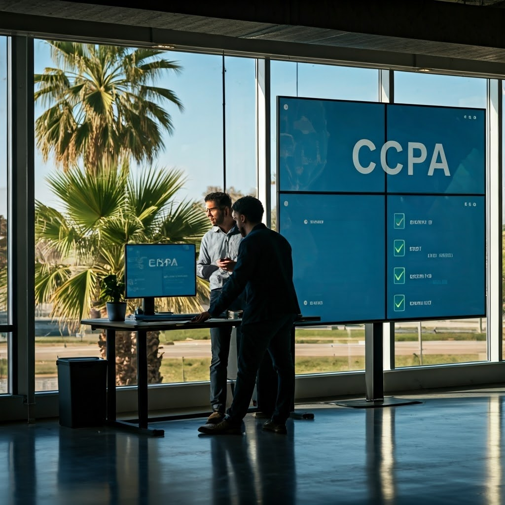 California startup office with engineers discussing CCPA on large screens, palm trees visible through bright windows, modern tech vibe.