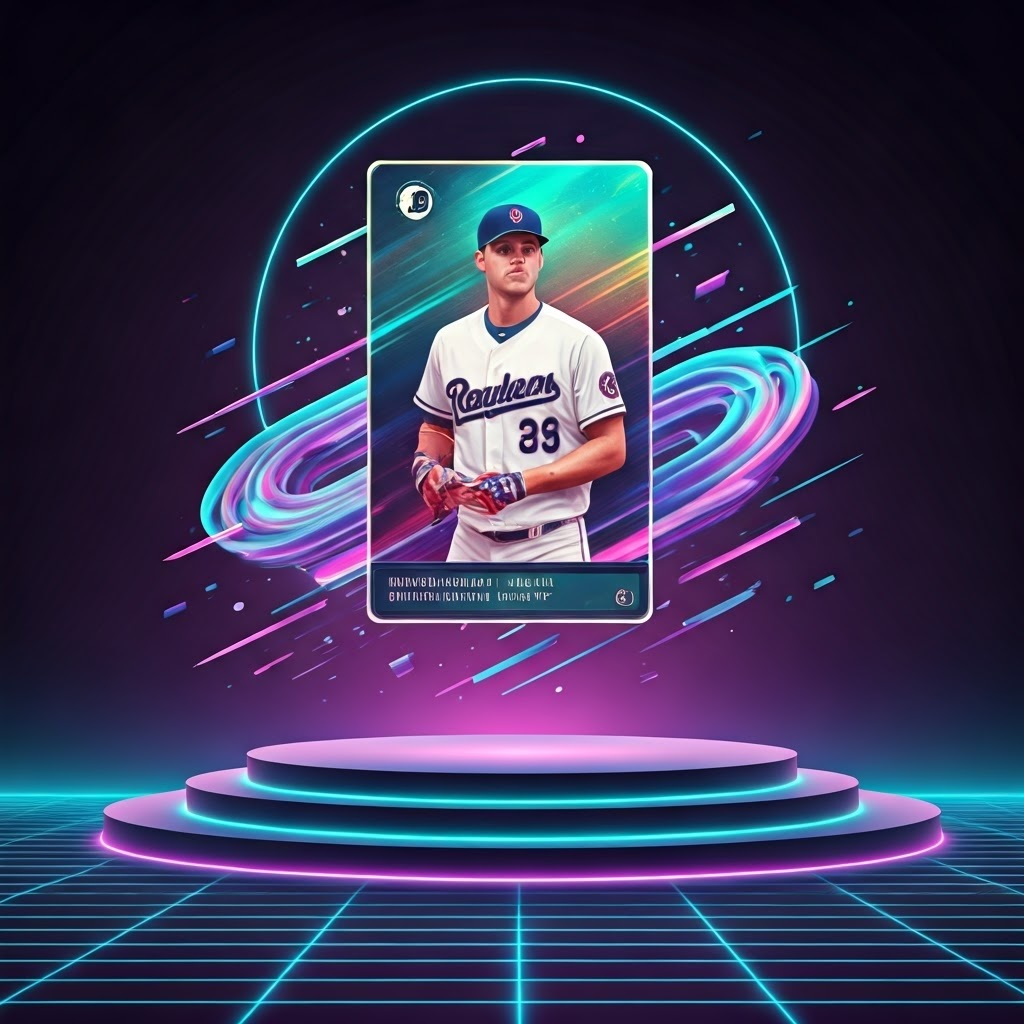 Holographic trading card floating above a digital podium.