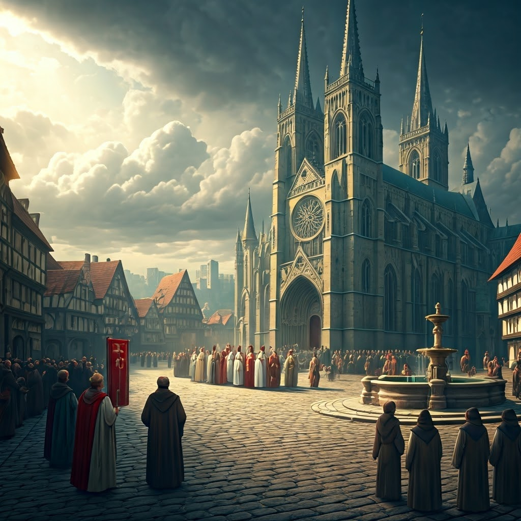 Realistic matte painting of a cathedral-centered town square where a king consults bishops as monks teach children, reflecting entwined power and belief.