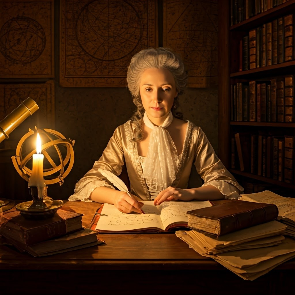 Émilie du Châtelet studying Newton’s Principia at a candlelit desk, symbolizing her groundbreaking scientific work.