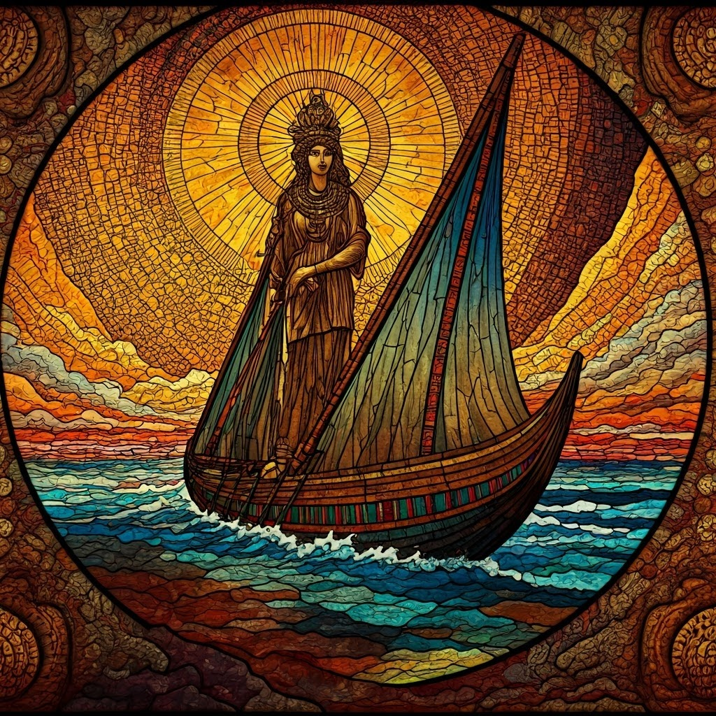 Mosaic scene showing early myths about Venus and Ra, capturing spiritual roots of science