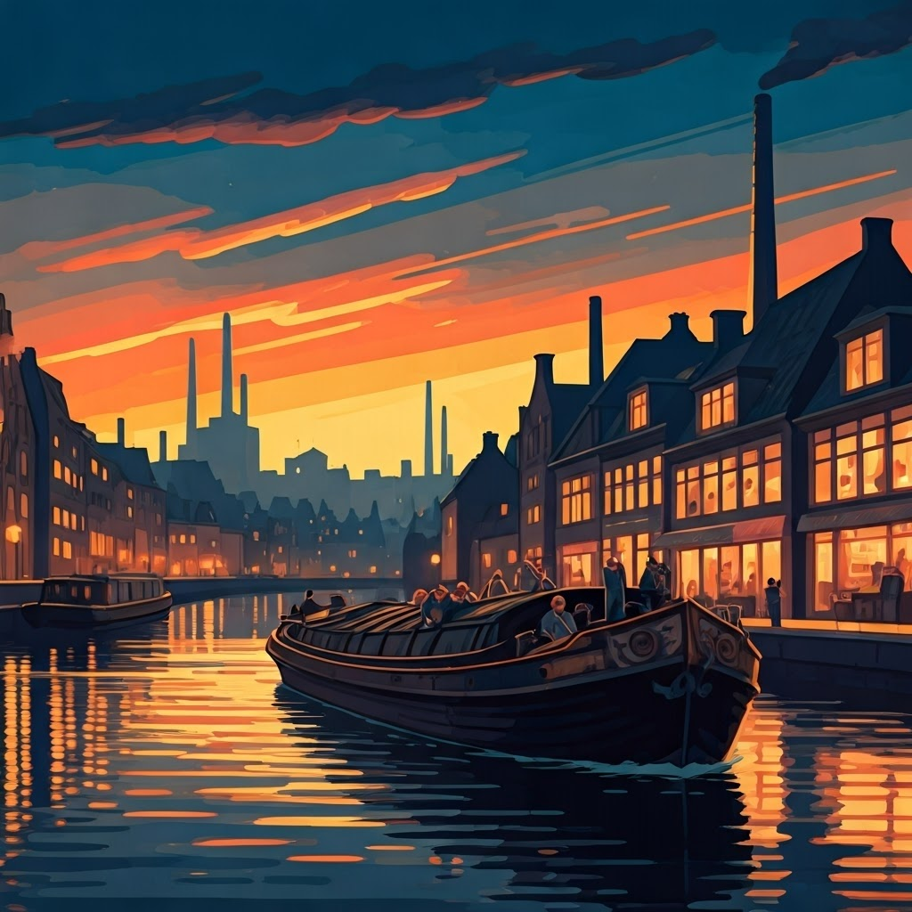 Art-Deco barge passes glowing factories, symbolizing canals’ social impact.