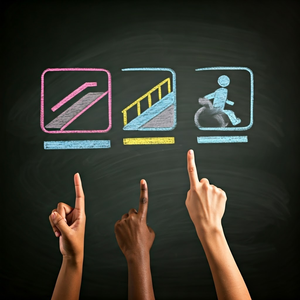 Glowing chalk icons of ramps, curb cuts, and captions invite diverse hands to point with hope.