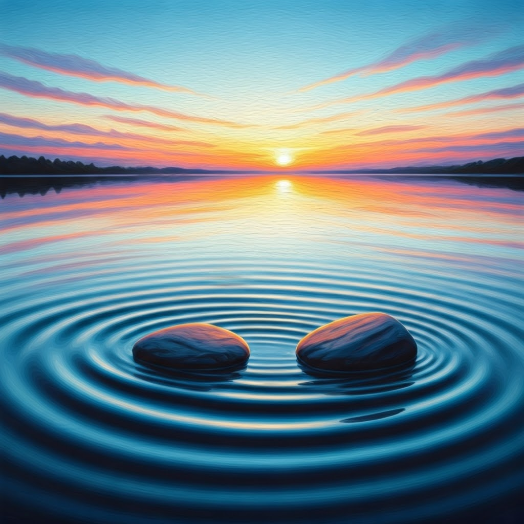 Two stones drop in a pond at twilight, their ripples overlap and form colorful patterns that mirror light fringes