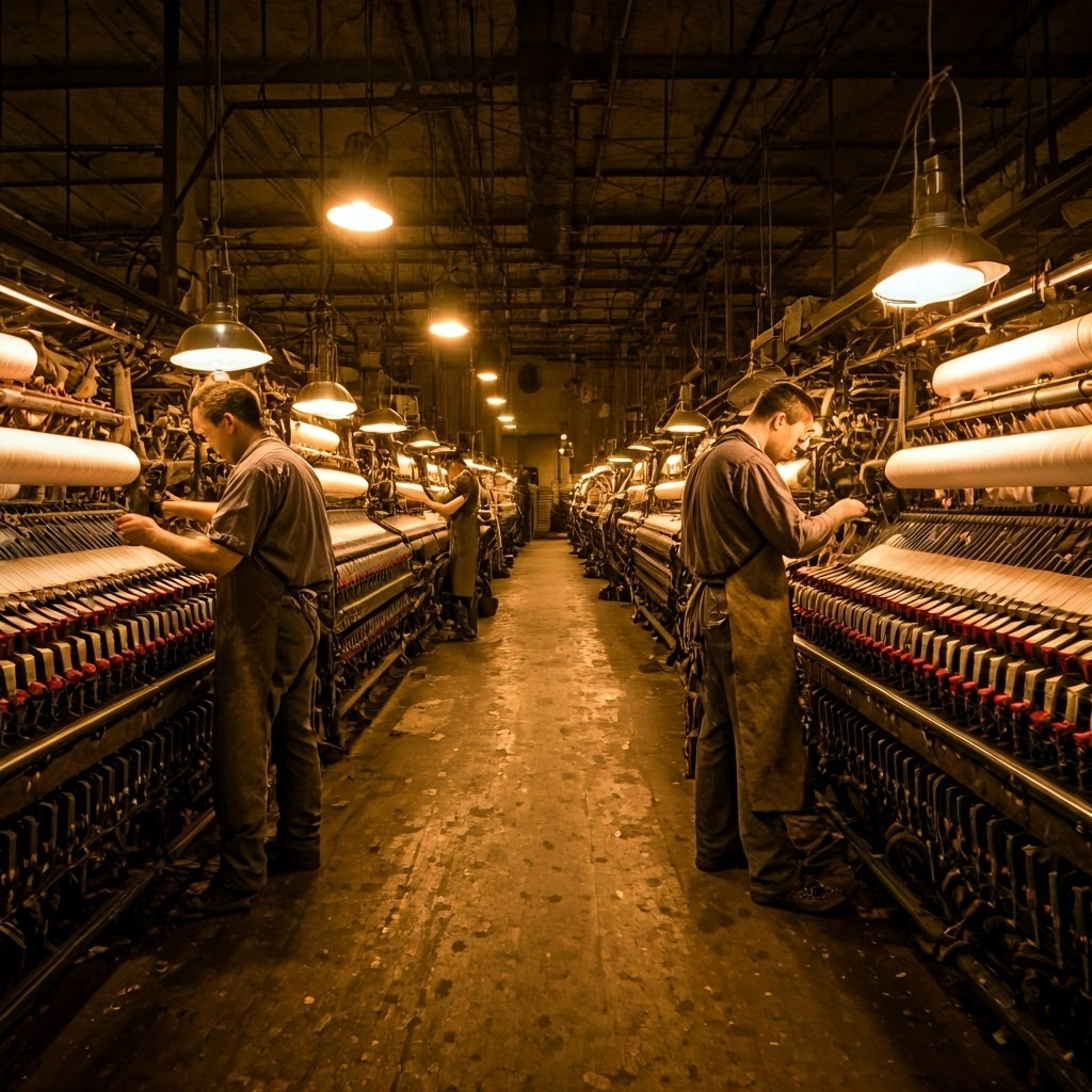 Dim textile mill interior with rows of spinning machines lit by flickering gas lamps and weary operators