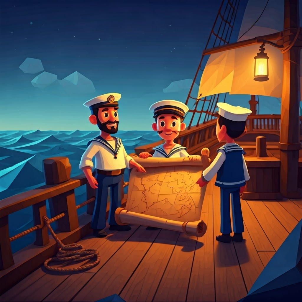 Low-poly ship deck at twilight where diverse sailors share a map and label a rope "cabo," illustrating nautical lingua franca.