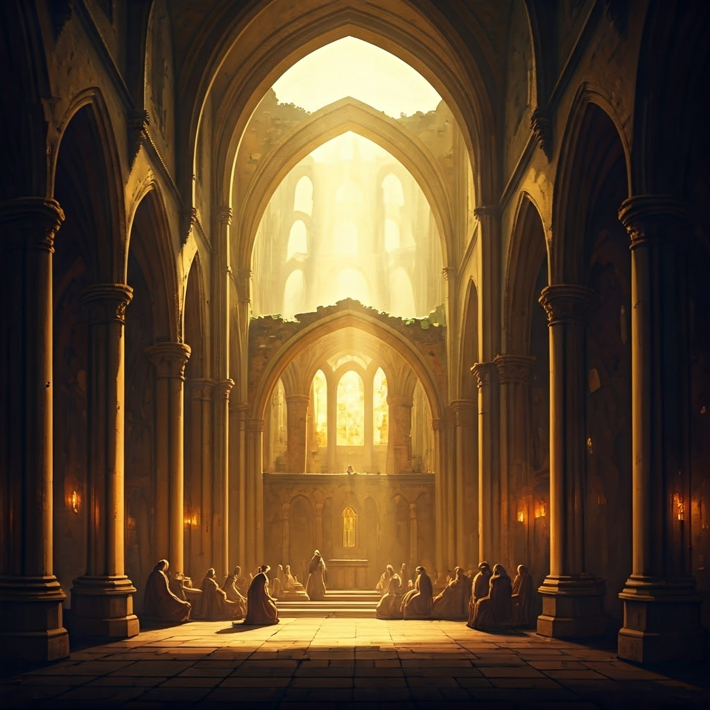 Interior of a ruined basilica where monks copy manuscripts under golden light