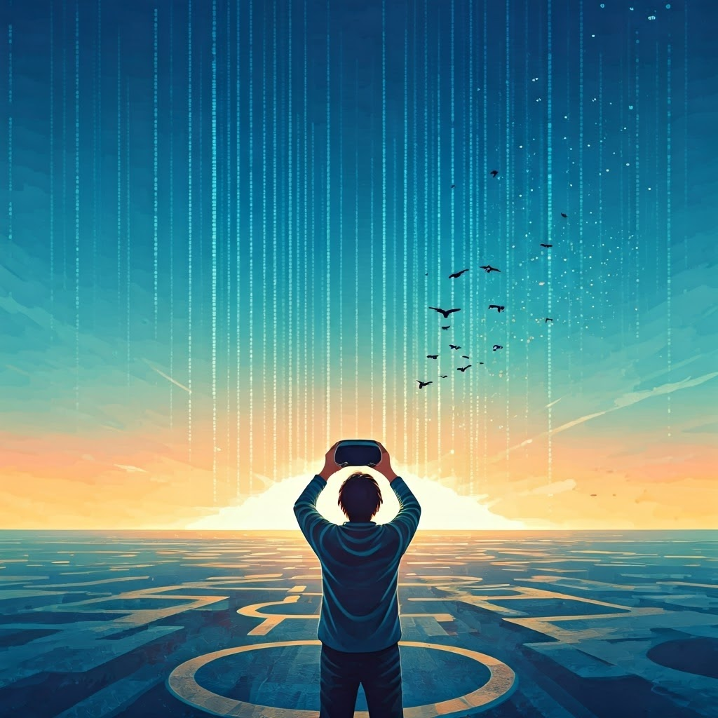 Person lifting a VR headset toward a sunrise over a digital landscape, data streams turning into birds, uplifting watercolor style.