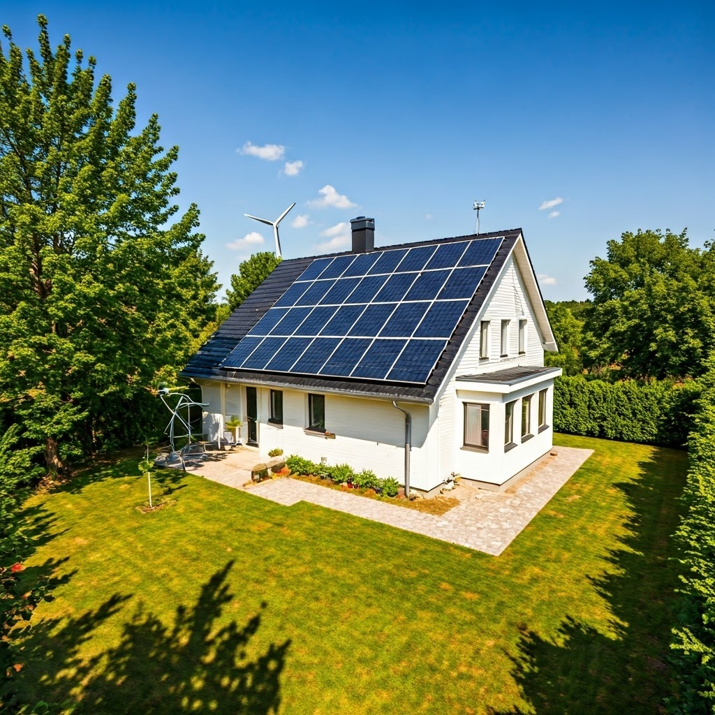 Photorealistic suburban house with rooftop solar panels and a yard wind turbine