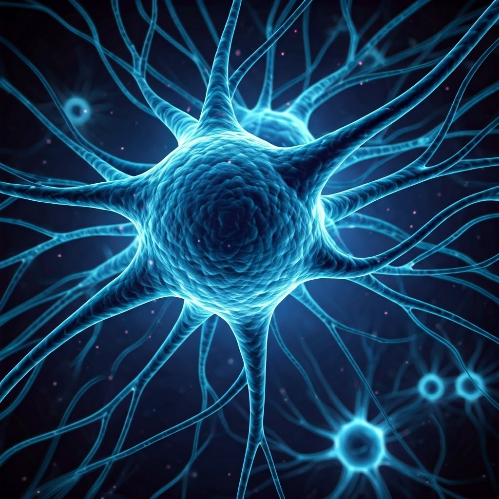 Digital bioart view inside the brain showing glowing neurons surrounded by supportive glial cells to illustrate their cooperative roles