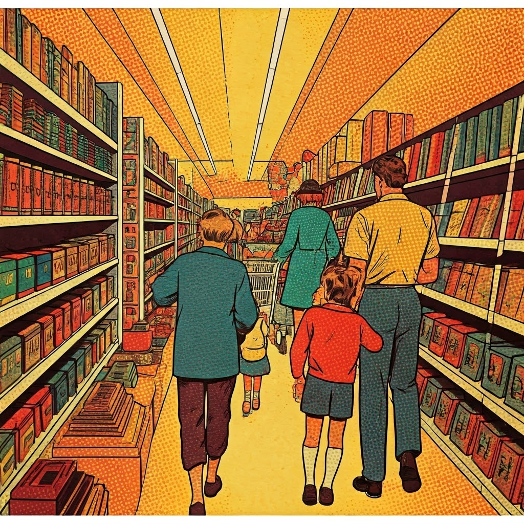 Pop art collage of lively shoppers, bright price tags, and aisles filled with gadgets and garments.