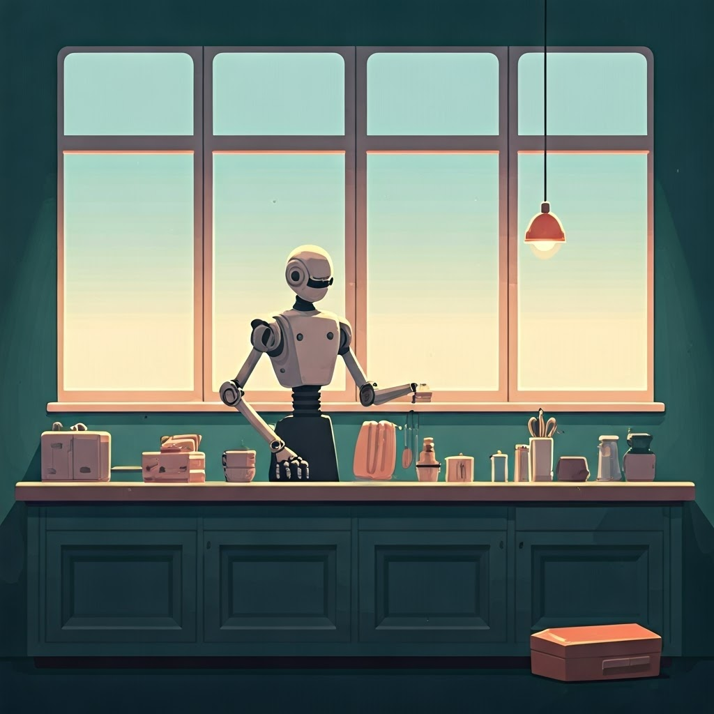 Calm café workspace being cleaned by a robot, reflecting post-request cleanup