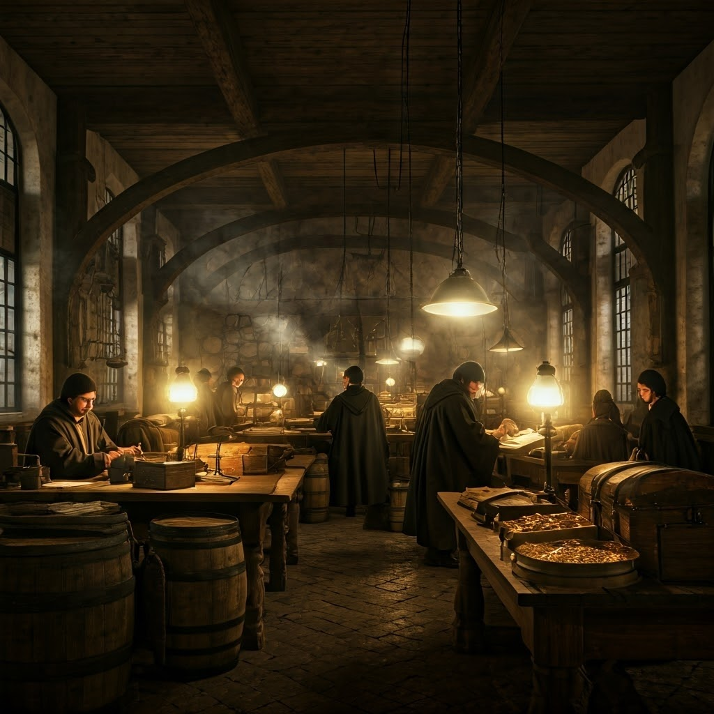 Lamp-lit customs office with clerks weighing gold, logging cargo, and stacking bales amid oil-lit shadows