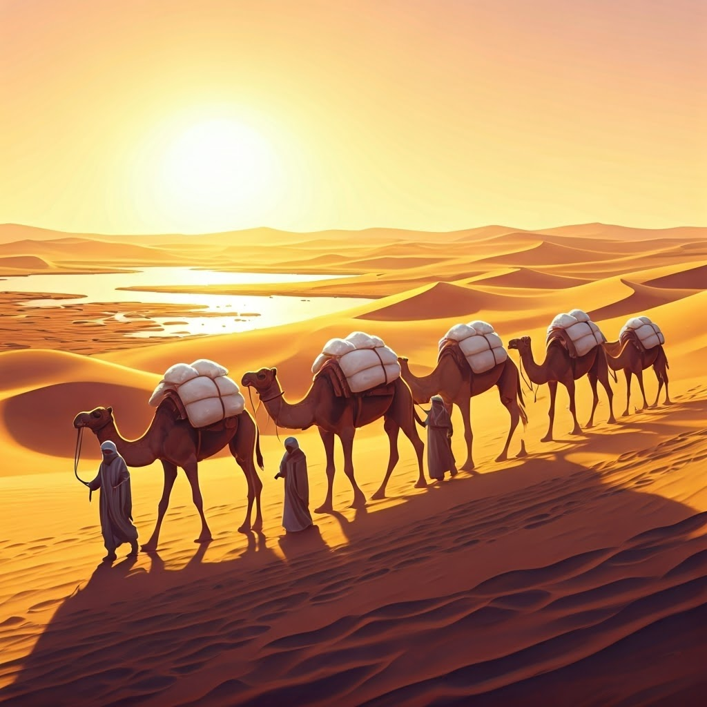 Camel salt caravan crossing golden dunes under intense desert sun