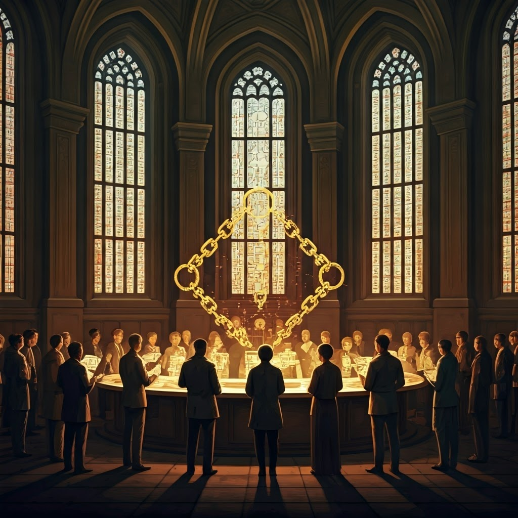 Diverse participants share a holographic ledger illustrating blockchain decentralization